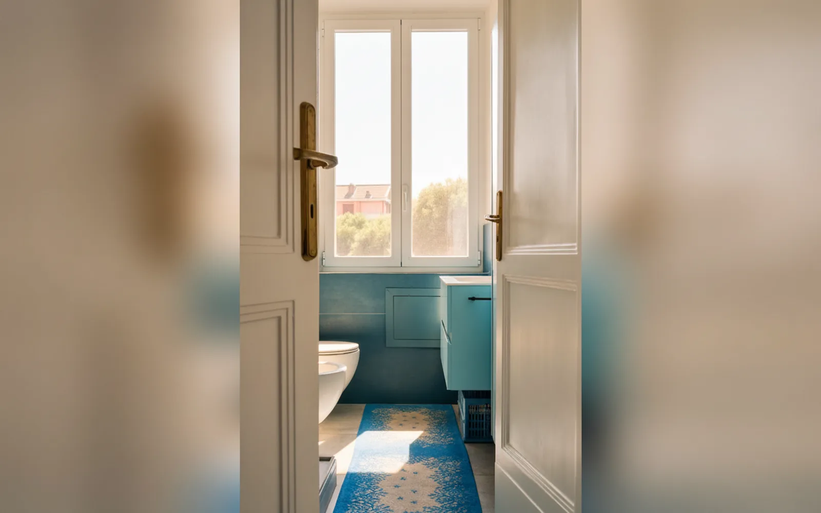 Bagno con finestra, sanitari e mobile verde acqua
